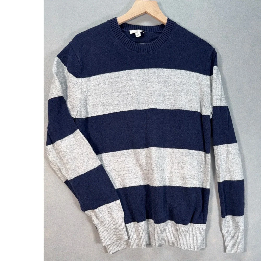 Gap Mens Navy Grey Striped Preppy Cotton Crewneck Sweater Large Tall